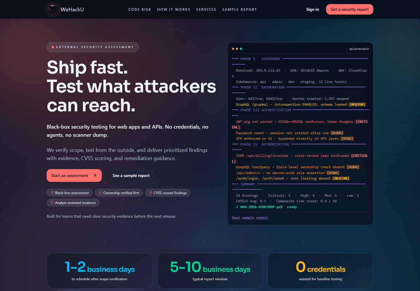 WeHackU external security assessment interface and sample findings